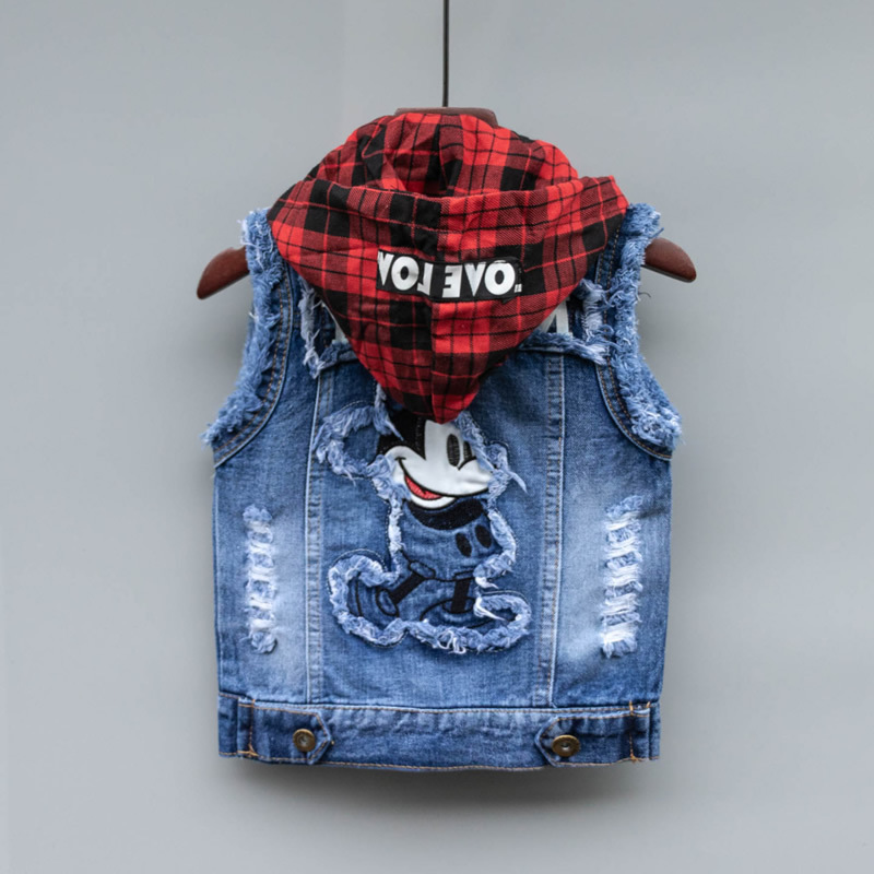 Children's denim vest, single-layer thin hooded vest, children's clothing, spring and autumn, stylish and trendy boys' vest, medium and large children's vest.