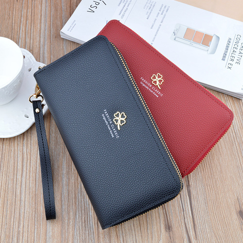 New women's wallet, women's long double zipper clutch, fashionable litchi pattern large capacity double layer wallet mobile phone bag