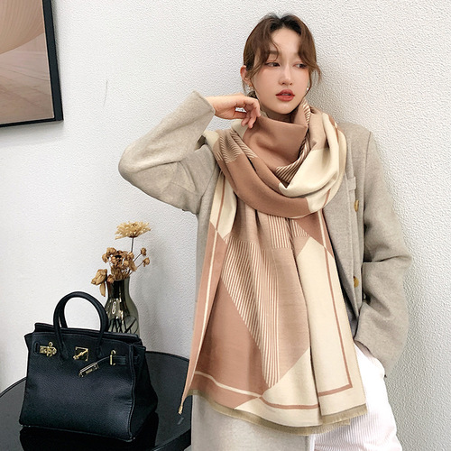 New  Korean style geometric striped scarf women's winter warm thickening shawl dual-purpose student imitation cashmere scarf