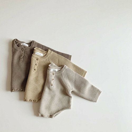 Korean version of ins newborn baby autumn knitted jumpsuit for male and female babies cute little hat bag fart crawling suit sweater