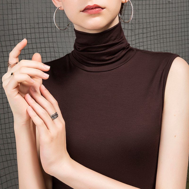 Autumn Turtleneck Bottoming Shirt for Women with Slim Fit Sleeveless Pure Color Basic Pile Collar Modal Summer T-Shirt