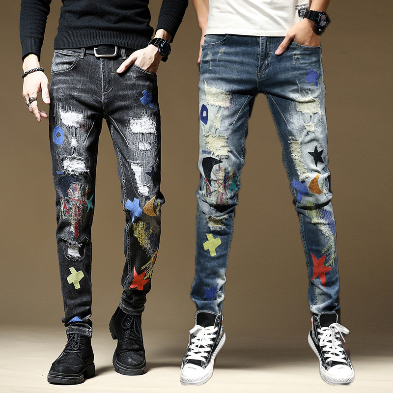 Spring and Autumn New Korean Style Men's Slim Straight-Leg Distressed Embroidered Patchwork Graffiti Long Jeans Trendy