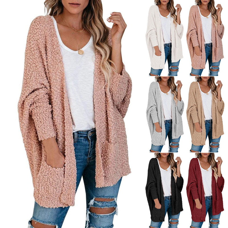 Toothbrush velvet cardigan 2024 autumn and winter new cross-border women's clothing European and American style loose batwing sleeve pocket cardigan sweater