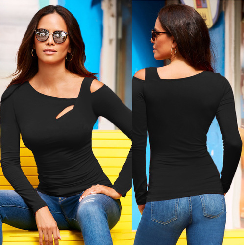 In stock! Amazon cross-border autumn and winter bestseller Wish spring and autumn new women's cross-shoulder sexy long-sleeved T-shirt top