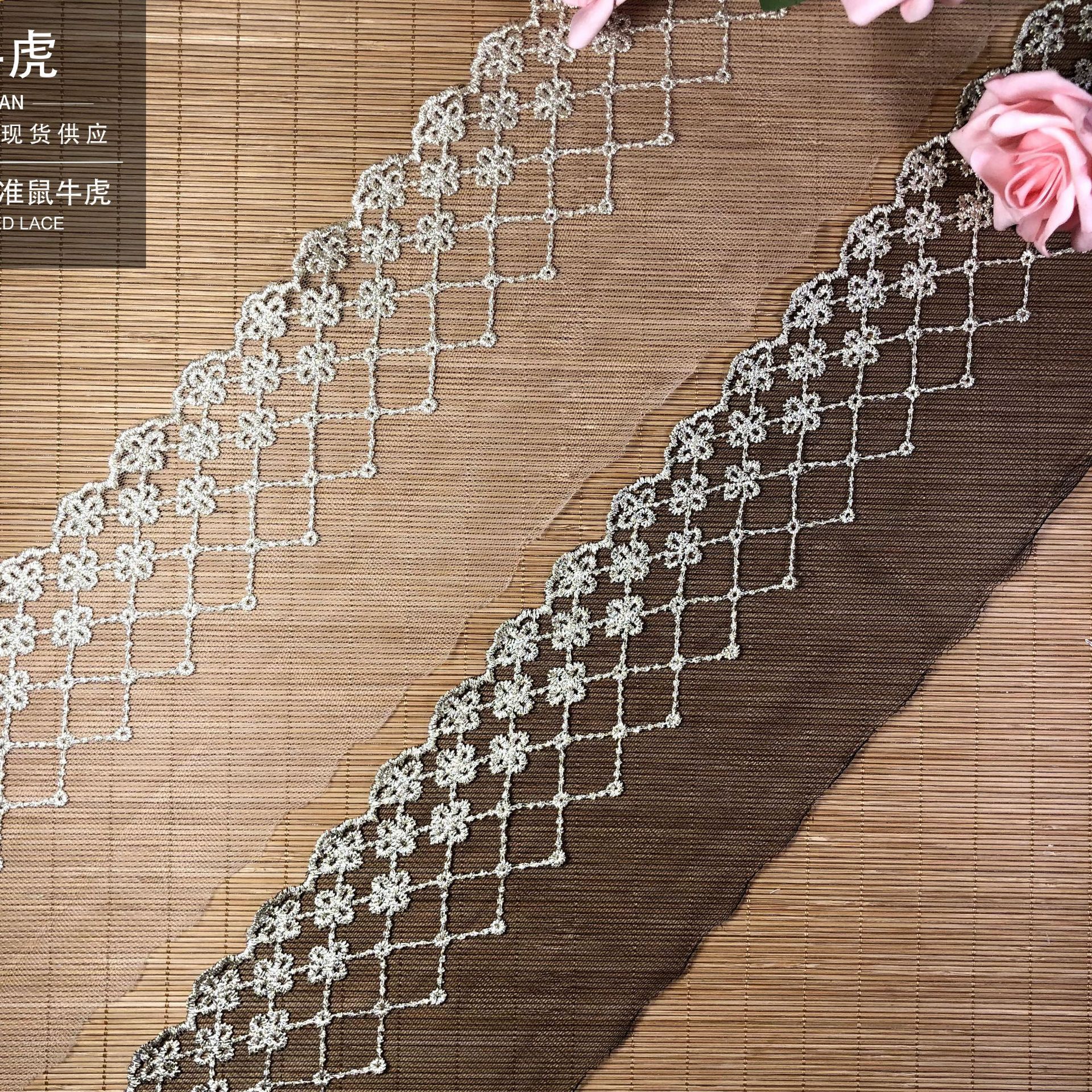 网格刺绣花边12cm网布金线条码复古宫廷辅料童装袖口花边现货