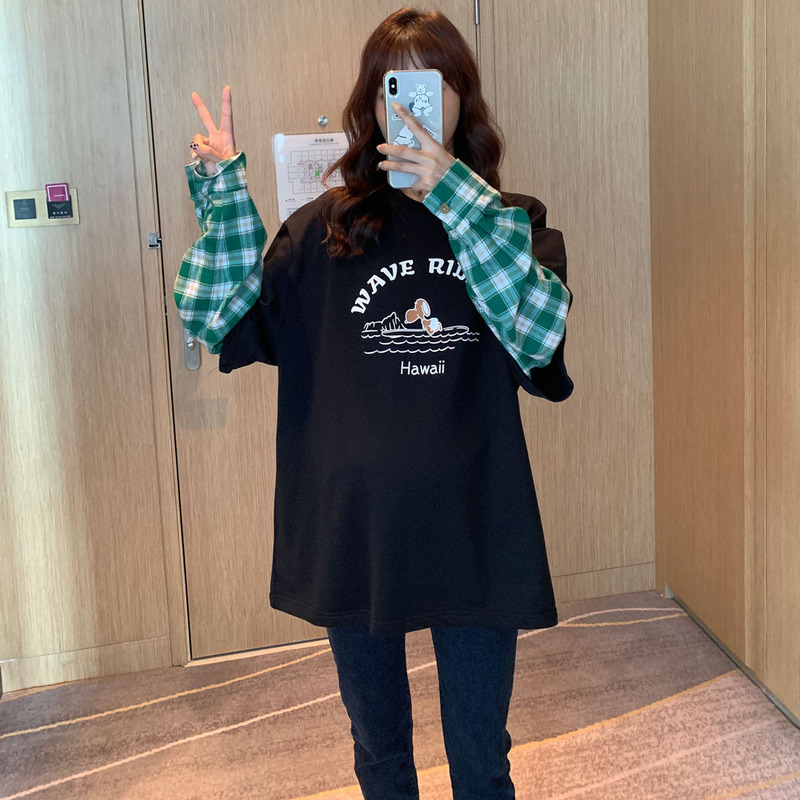 Autumn New Maternity Dress Personalized Fashion Stitching Paid Sleeve Sweater Cartoon Printed Cute Age-reducing Pregnant Women's Top