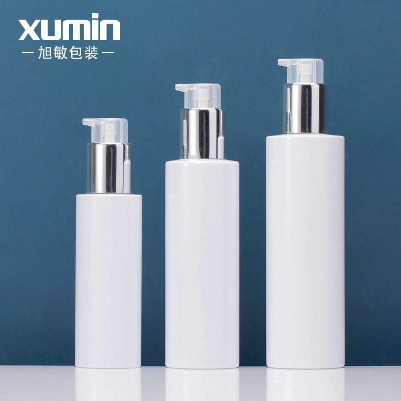 Envase cosmético de 100 ml, botella de plástico PET blanca con hombros planos, botella de presión de mercurio con cierre, botella de loción de presión de mercurio para el cuidado de la piel