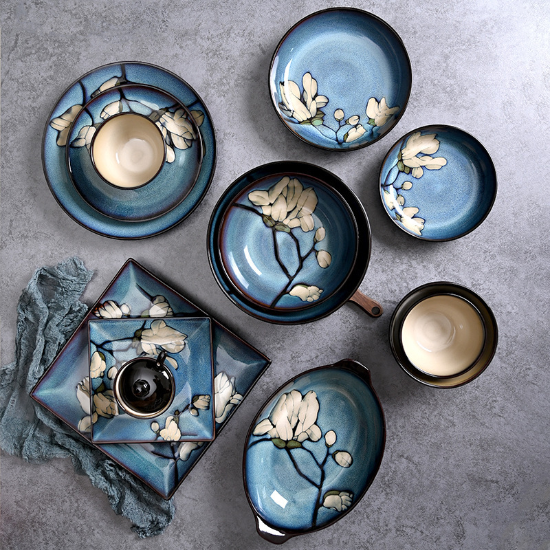 Japanese-style Tableware Kiln Variable Underglaze Color Magnolia Hand-painted Plate suit Fish Plate Household Plate Rice Bowl Creative Nouled Bowl