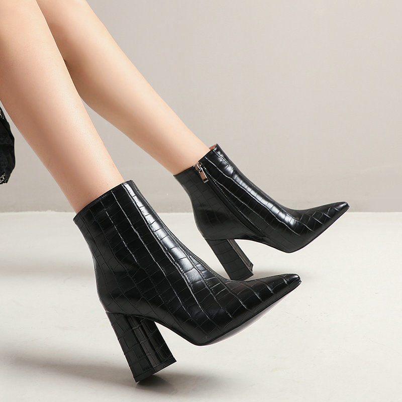 Western Style Crocodile Embossed Thick Heel plus size Women's Boots Short Boots Trendy Women's Casual Lazy Boots Ankle Boots