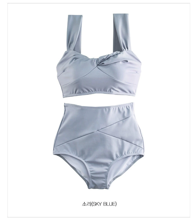 Women's high-waist swimsuit, Korean style tummy-cover split-triangle, solid color (2-piece)