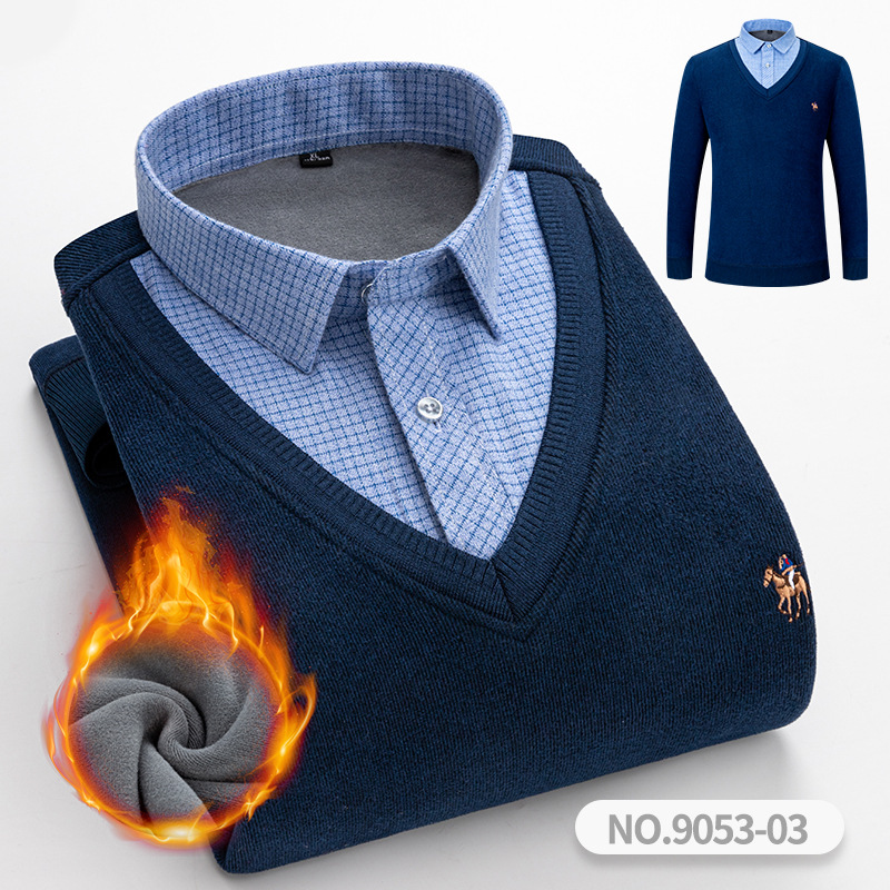 2024冬季加绒加厚保暖衬衫男 假两件商务休闲宽松针织中青年男装
