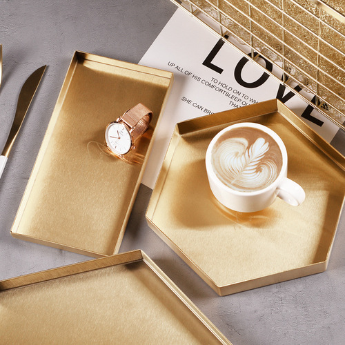 Golden light luxury geometric storage tray Nordic stainless steel storage tray desktop cosmetics tray dinner tray tea tray