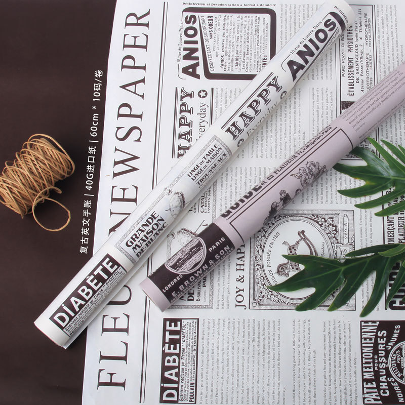 Rollo de papel de embalaje de flores material de embalaje de la flor Papel de embalaje inglés de moda vintage inglés mano cuenta periódico de vaca