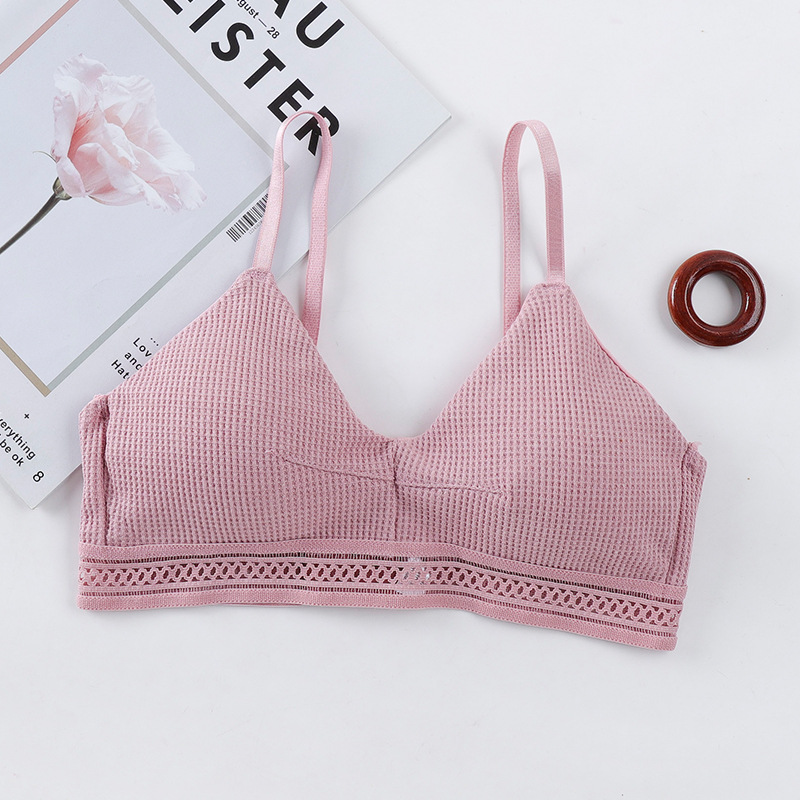 Correa ropa interior de mujer de doble botonadura de rayas verticales de algodón con rosca base de copa de triángulo envuelto pecho sujetador de belleza inalámbrico de niña image 13