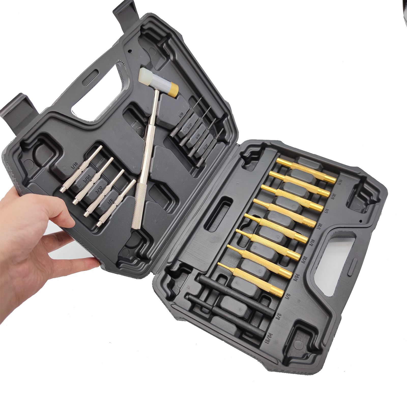 Juego de punzones redondos de 19 piezas de acero aleado de alta dureza con martillo de cobre, suministro directo de fábrica