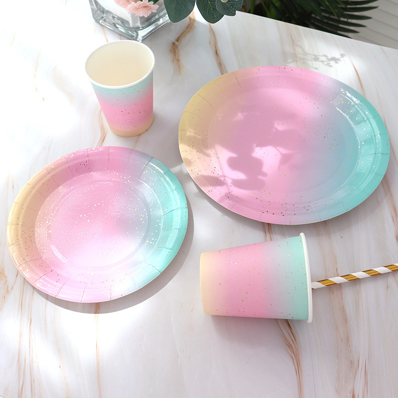 Party Tableware Disposable Birthday Paper Plate Dessert Table Cake Paper Plate Hot Stamping Rainbow Plate Layout Decorative Dinner Plate
