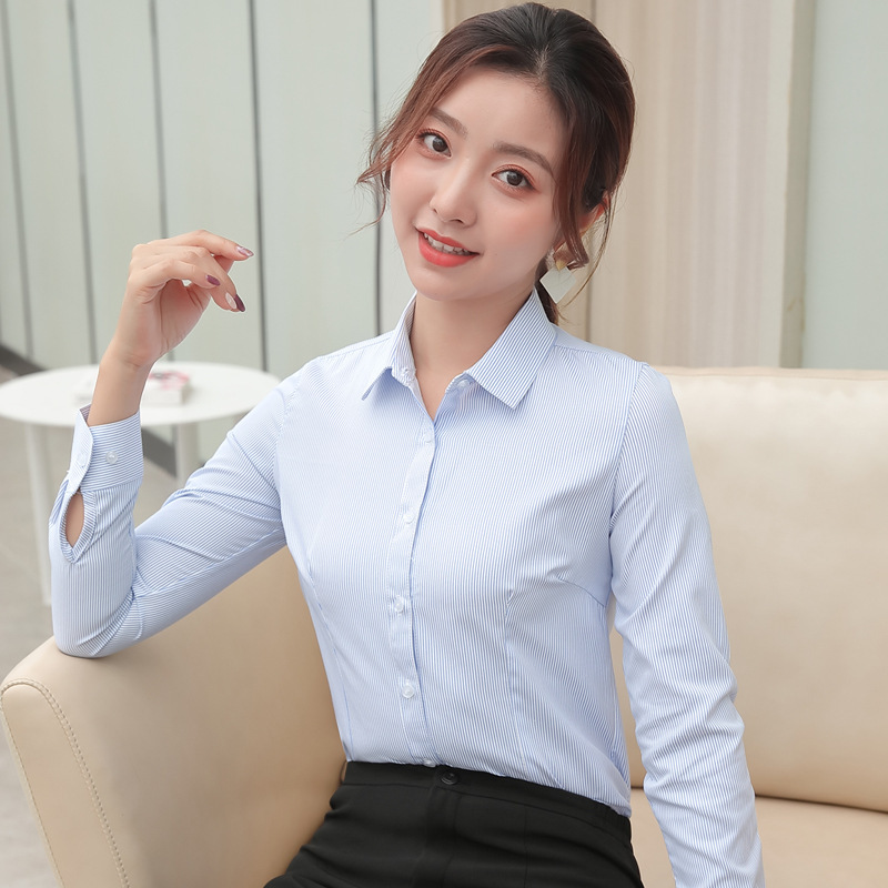 Professional Shirt for Women, Long-Sleeved Workwear, Bank Uniform, 2025 New Style, Slim Fit, Warm, Fleece-Lined, Blue Striped Shirt