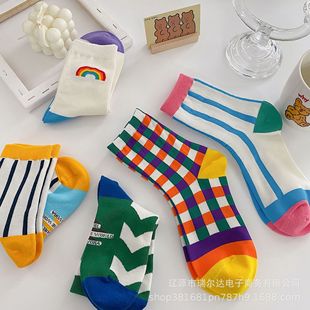 Autumn and Winter new style fresh rainbow socks women's mid-calf length socks ins style cute Japanese Plaid vertical striped stockings