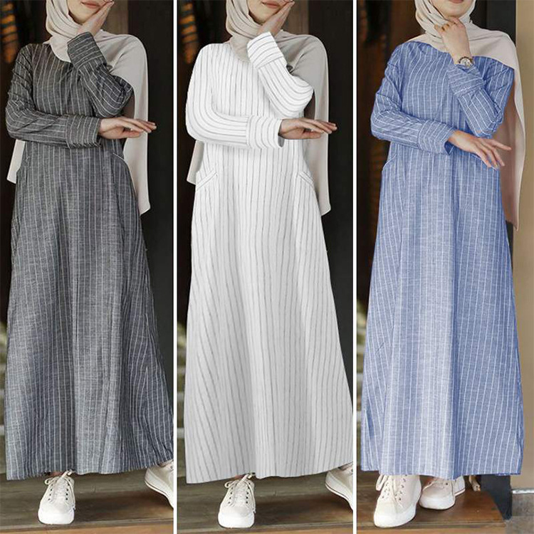 Fashion 2023 Autumn Cross-border Supply Artistic Leisure Retro Women Striped Cotton and Linen Round Neck A- line Skirt dress