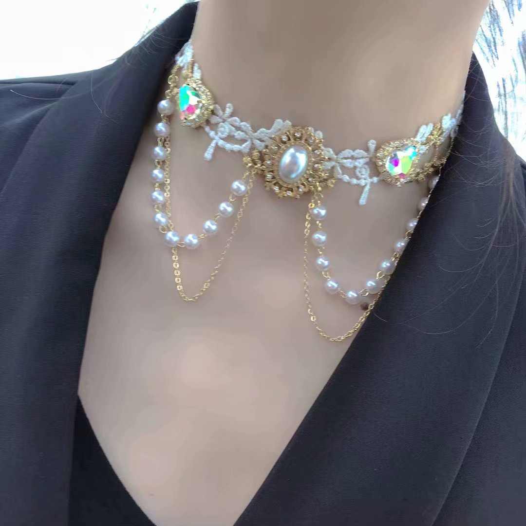 Designer Stijl Lolita Zeemeermin Concubine AB Fantasy Kleurrijke Stof Wit Gepaarde Liefde Parel Ketting Licht Luxe en Luxe Accessoires_voghion.com