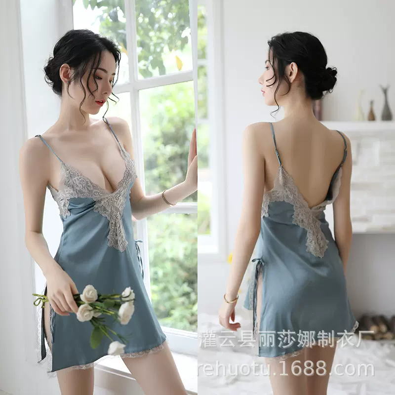 惹火兔秋冬薄款女士性感深V诱惑侧边开叉刺绣花边吊带睡裙家居服