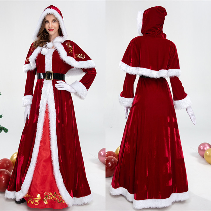 European and American New Christmas Women's Thickened High-end Santa Claus Shawl Long Dress Bar Christmas Queen Dress Cross-Border