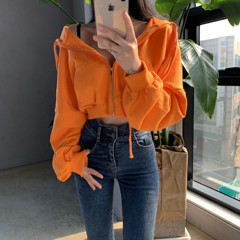 2026 Spring and Autumn New Style Fleece-Lined Solid Color Hooded Sports Short Sweatshirt Fashionable Loose Zipper Cardigan Jacket for Women Trendy