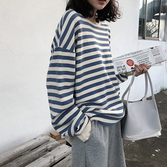 綿素材2025初秋韓国風新作ラウンドネックストライプ長袖ジャケットスウェット女子学生服トップス婦人服