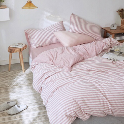 Japanese simple style unprinted Tianzhu cotton knitted cotton four-piece set good quality cotton quilt cover pure cotton bed sheets naked sleeping stripes