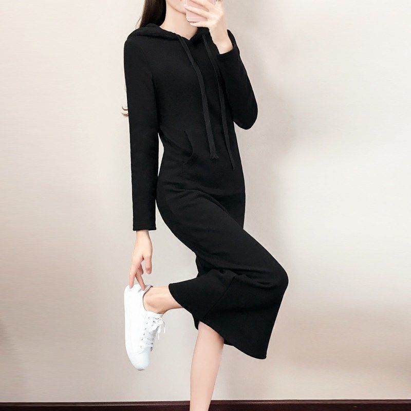Cotton Dress Women's Spring and Autumn Chubby Girls Plus Size Mid-length Over-the-knee Casual Hooded Sweater Long-sleeved Base Hip Skirt