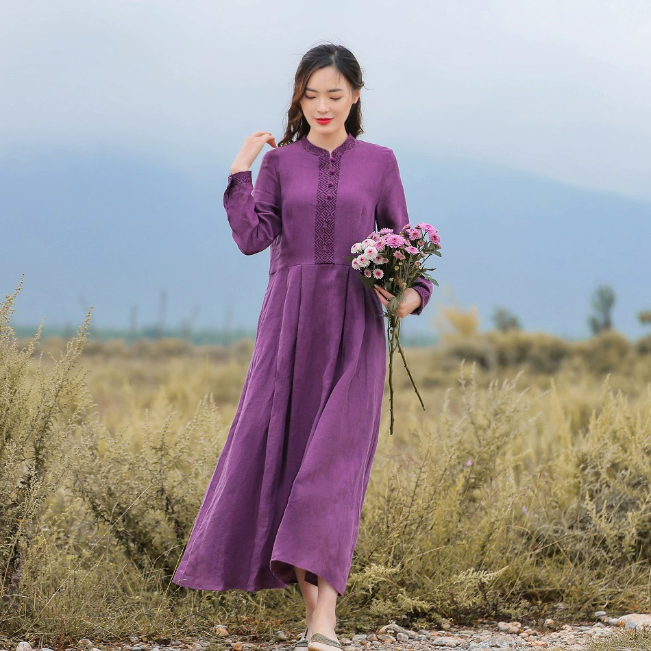 Осень-зима 2020 Оригинальное женское льняное окрашенное стираное длинное платье с художественной вышивкой и длинным рукавом на талии универсальное платье