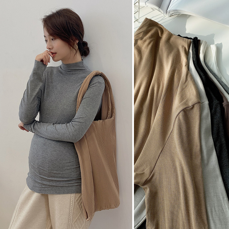 Pregnant Women's 2025 Spring, Summer and Autumn Pregnant Women's Top Korean Round Neck Pregnant Women's Top High Elastic One-word Collar Pregnant Women's Base Shirt