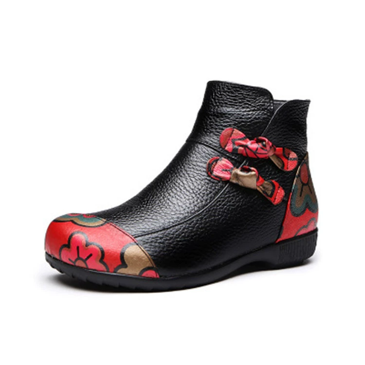 Ethnic leather low boots with bow, keep warm shoes for mother, ethnic style