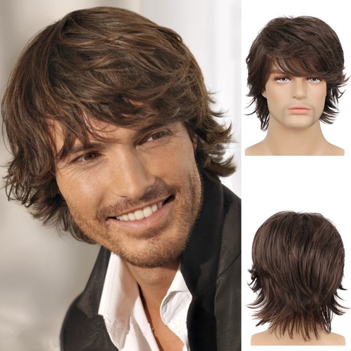 Foreign trade European and American fashion men's short hair, brown wig, fluffy side parted long bangs straight hair piece