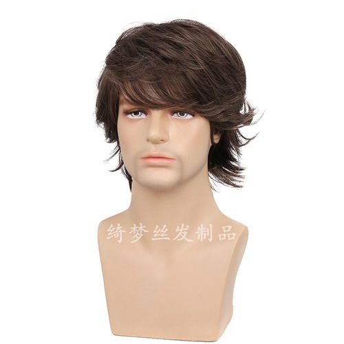 Foreign trade European and American fashion men's short hair, brown wig, fluffy side parted long bangs straight hair piece
