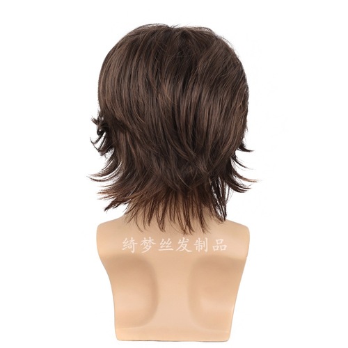 Foreign trade European and American fashion men's short hair, brown wig, fluffy side parted long bangs straight hair piece