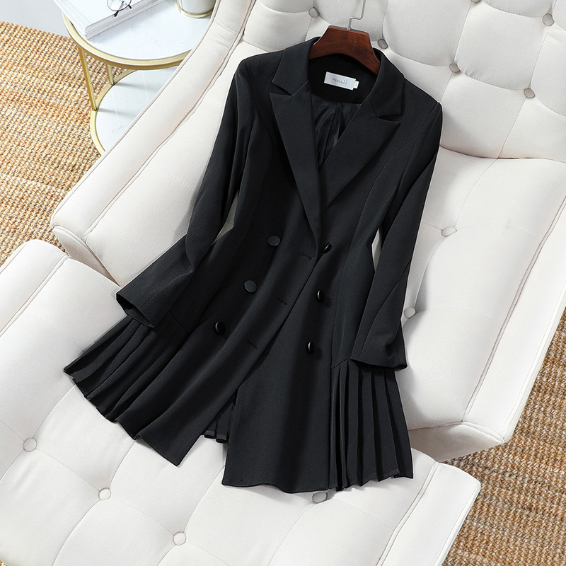 Plus size women's suit long sleeve slimming coat Korean style hem pleated elegant slim mid-length small suit Plus size women's suit long sleeve slimming coat Korean style hem pleated elegant slim mid-length small suit