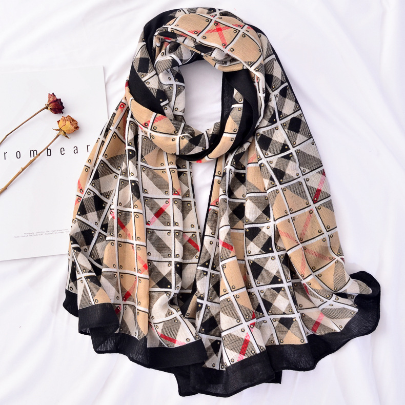Bufanda de mujer de invierno estilo coreano versátil bufanda a cuadros de diamantes de verano aire acondicionado chal bufanda cálida Toalla de playa de algodón y lino