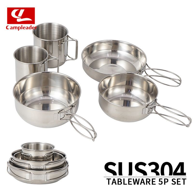 Cross-border Outdoor 304 Stainless Steel Cup Bowl Mountaineering Portable 5-piece Set Pot Camping Picnic Barbecue Travel Fishing Tableware