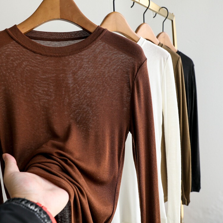 Wool + Tencel!! Running style ~ round neck solid color basic long sleeve bottoming shirt T-shirt