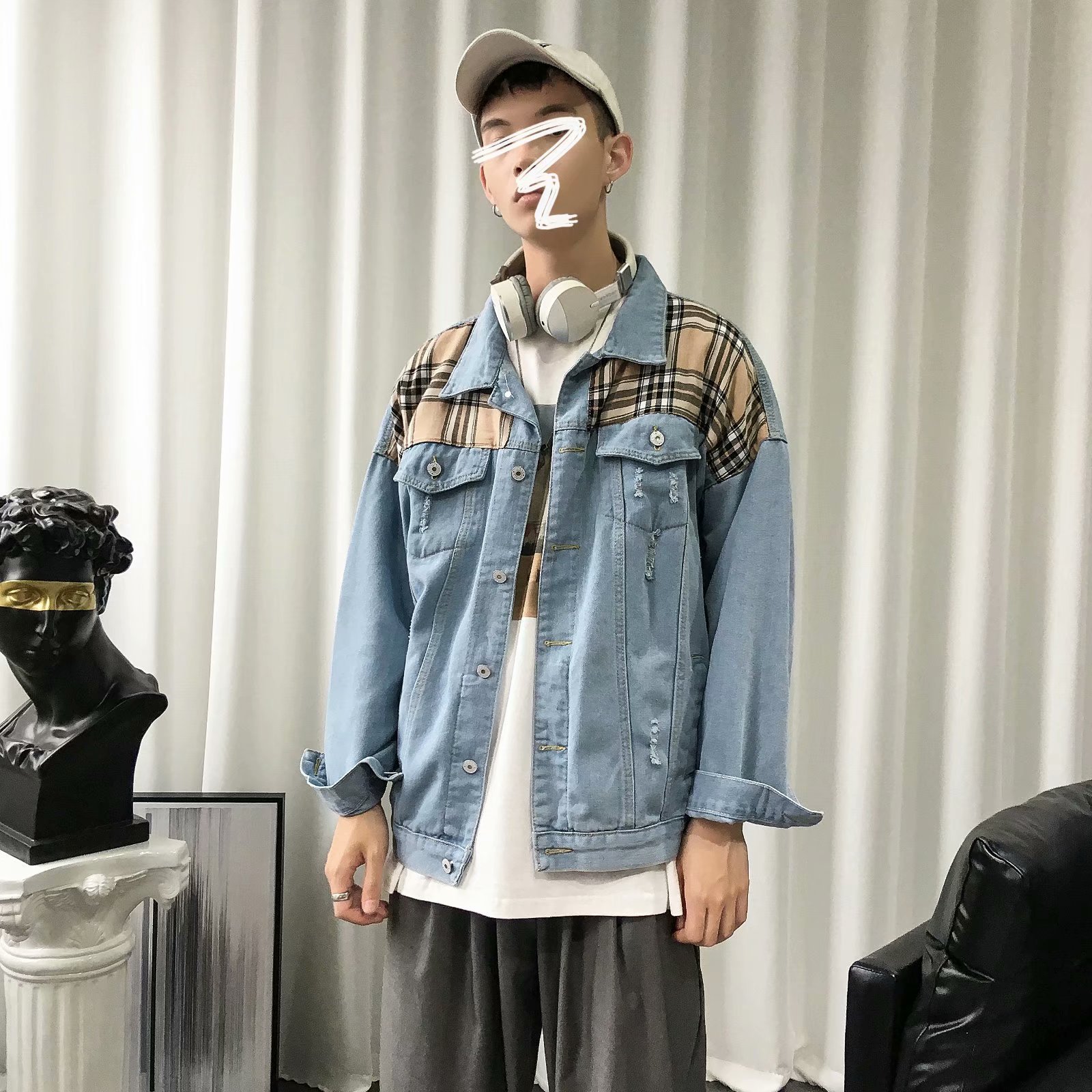 TikTok transmisión en vivo calidad marca de moda ins estilo de Hong Kong Chaqueta de mezclilla abrigo de mezclilla de celebridad de Internet para hombres Primavera y otoño