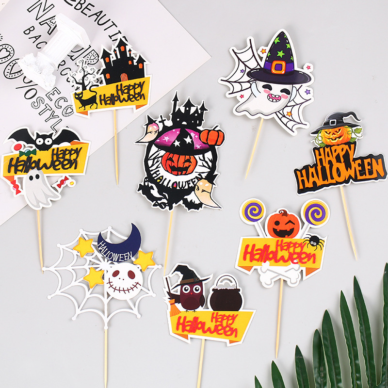 ハロウィーンケーキ装飾手描き風幽霊カボチャ蜘蛛の巣小僧ハロウィーンケーキ装飾カード|undefined
