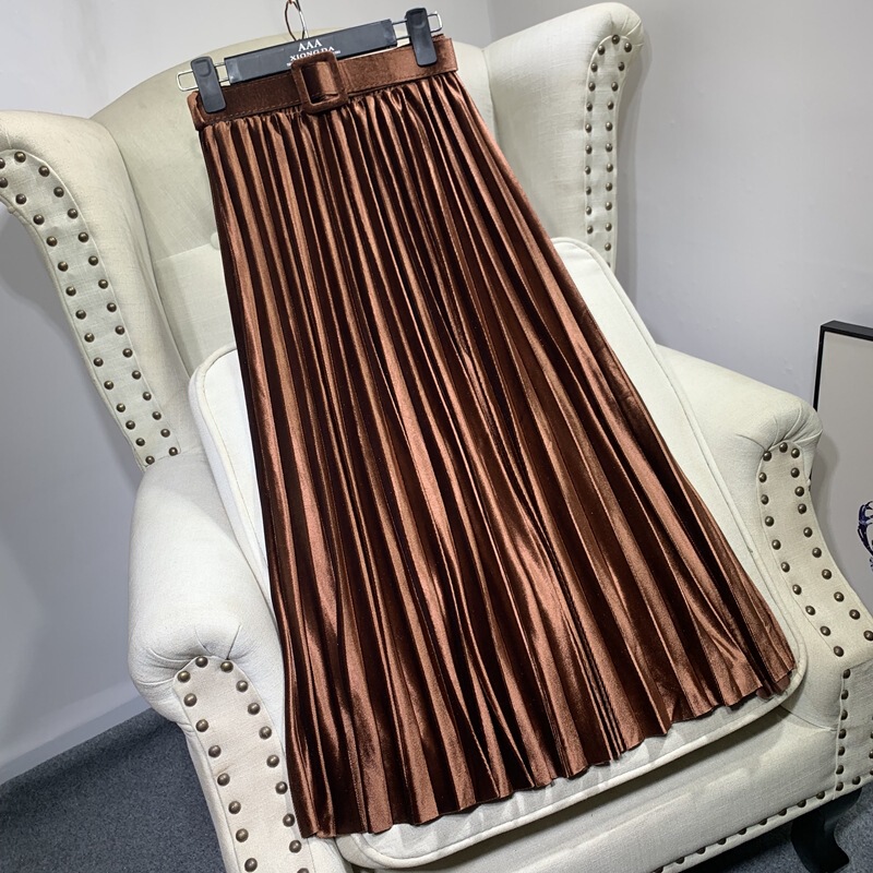 Autumn and Winter Skirt Golden Velvet Belt Pleated Skirt Metallic Pearl Luster Mid-length High Waist A- line Skirt Casual