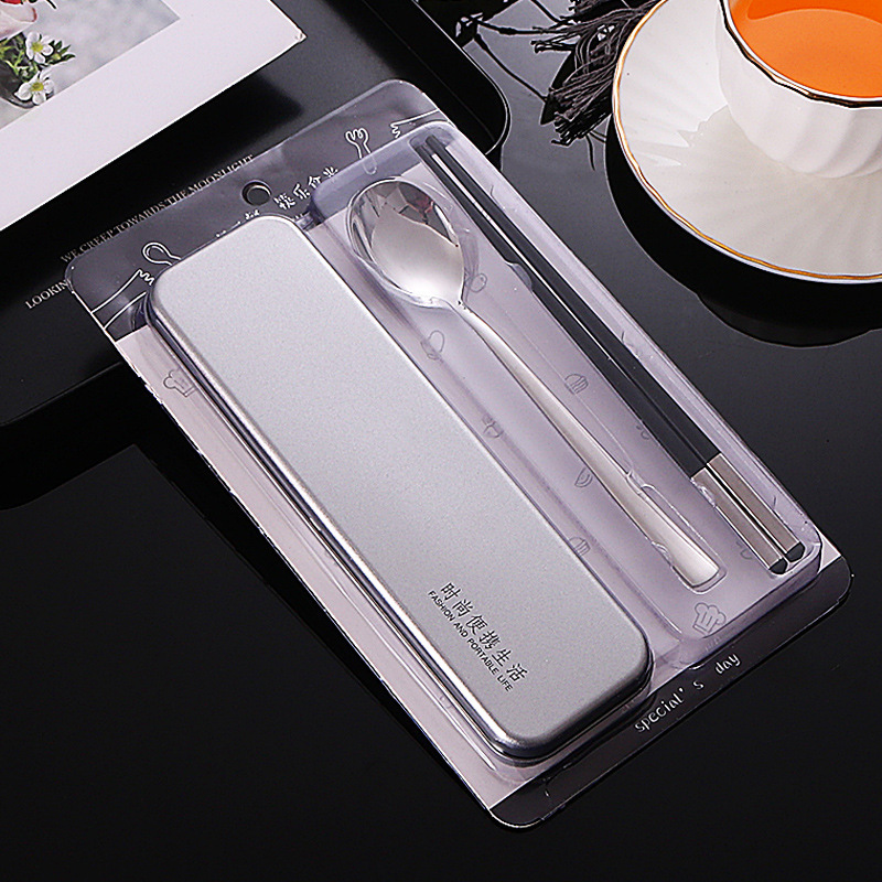 304 Stainless Steel Spoon and Chopstick Set, Portable Storage Cutlery Set for Students, Two-Piece Gift Set, Wholesale Portable Cutlery