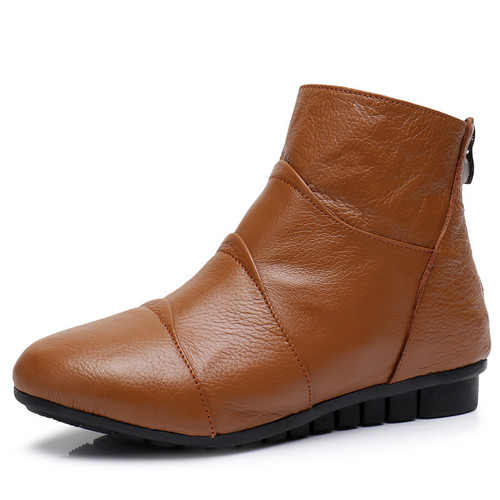 Autumn and winter flat heel cowhide short boots women's boots casual large size single boots mom cotton shoes cowhide short boots 7801