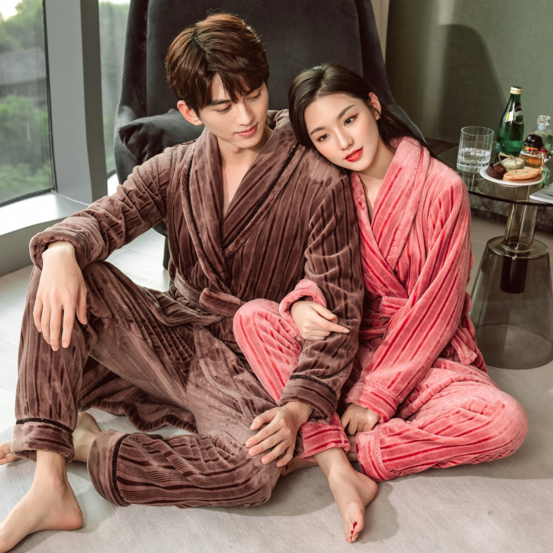 Pigiama da donna GraceChic GraceChic, set di vestaglia e pantaloni in pile corallo autunnale, abbigliamento da casa in flanella a righe per uomo, set invernale_voghion.com