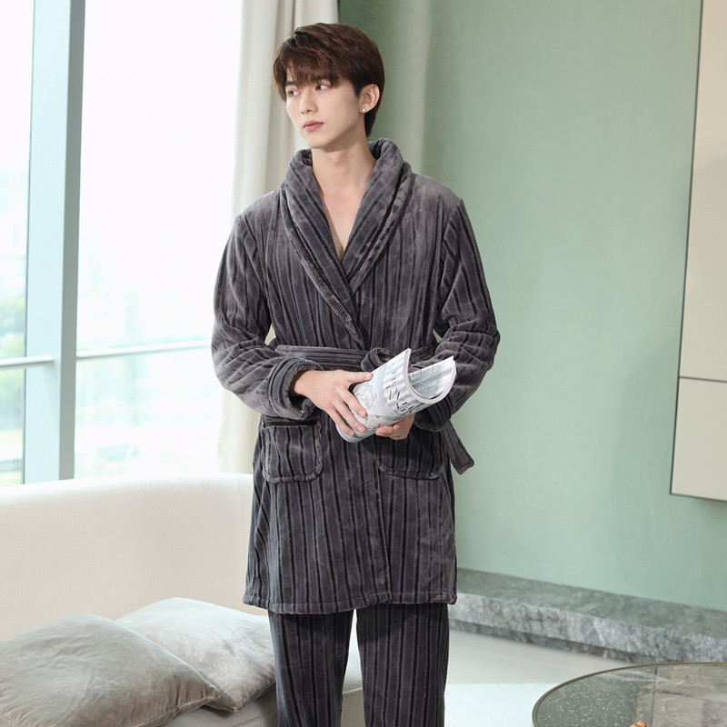 Pigiama da donna GraceChic GraceChic, set di vestaglia e pantaloni in pile corallo autunnale, abbigliamento da casa in flanella a righe per uomo, set invernale_voghion.com