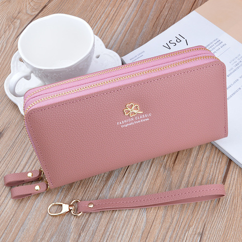 New women's wallet, women's long double zipper clutch, fashionable litchi pattern large capacity double layer wallet mobile phone bag