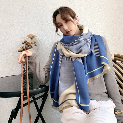 New  Korean style geometric striped scarf women's winter warm thickening shawl dual-purpose student imitation cashmere scarf