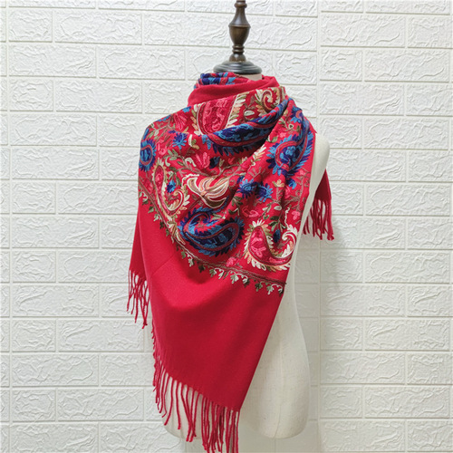 New Tibetan-Nepalese Double Walnut Flower Embroidered Cashmere-like Scarf for Women with Ethnic Style, Yunnan Embroidery and Tassels